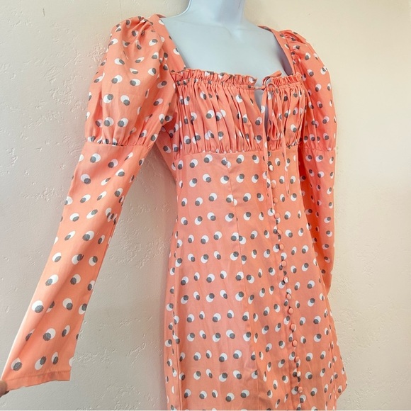 EGGIE X UO Puff Sleeve Button Front Fitted Babydoll Dress Size S Peach Dot NWT - Picture 4 of 13